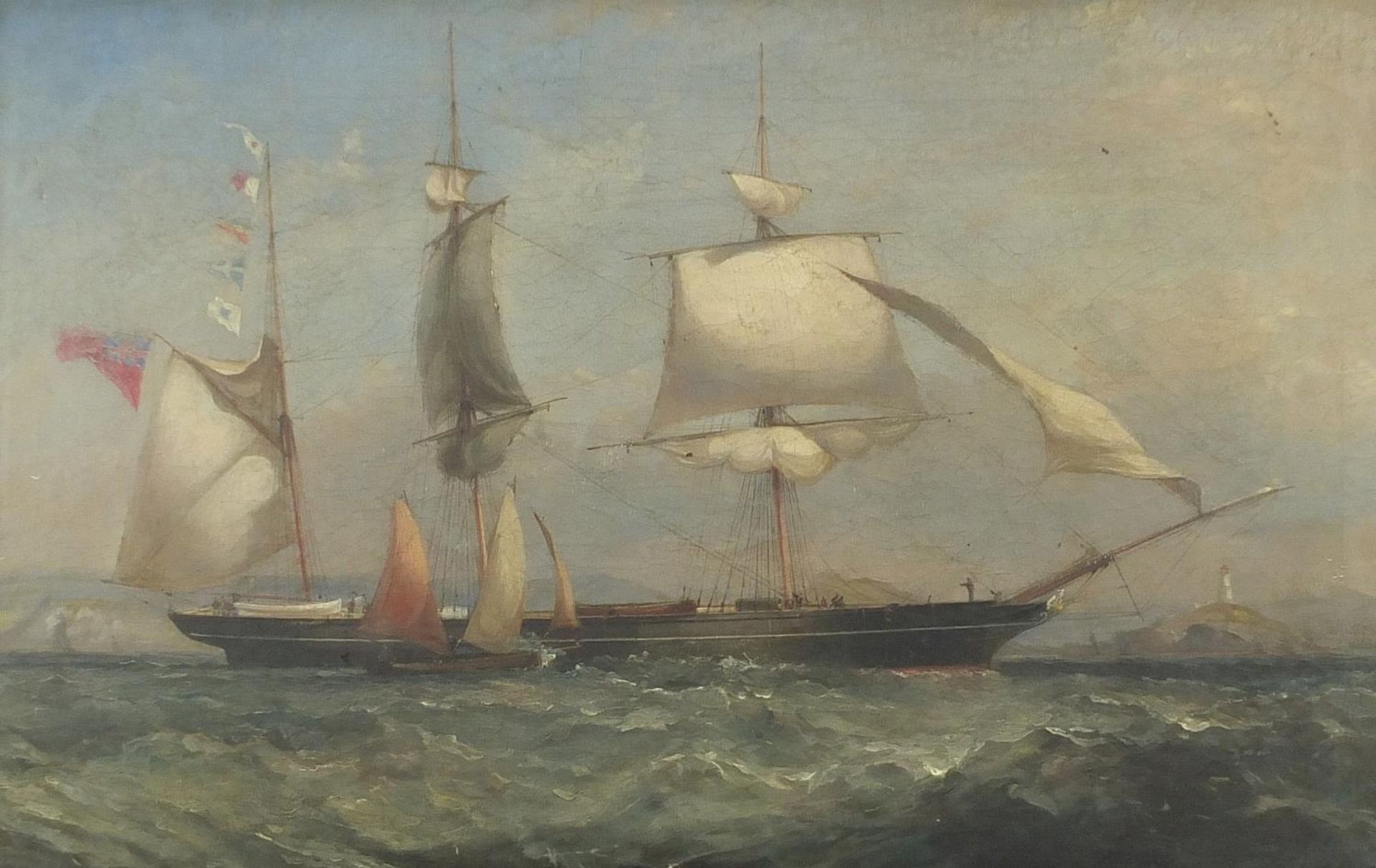 Frigate and sailing boat at sea, 18th/19th century maritime oil on canvas, framed and glazed, 53cm x