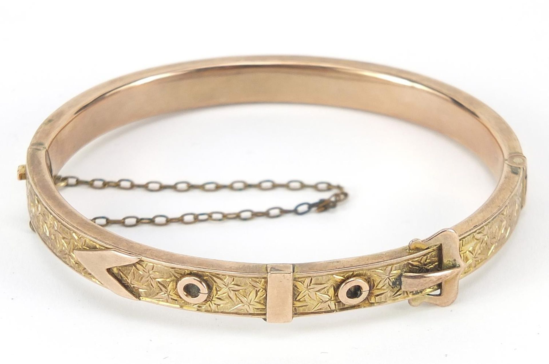 Victorian unmarked gold belt buckle design hinged bangle, 6.5cm wide, 10.2g : For Further - Image 2 of 4