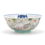 Chinese blue and white porcelain bowl with en grisaille landscape panels, hand painted in the
