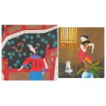 Female in an interior and female before a pond, two Japanese mixed medias, one bearing an indistinct