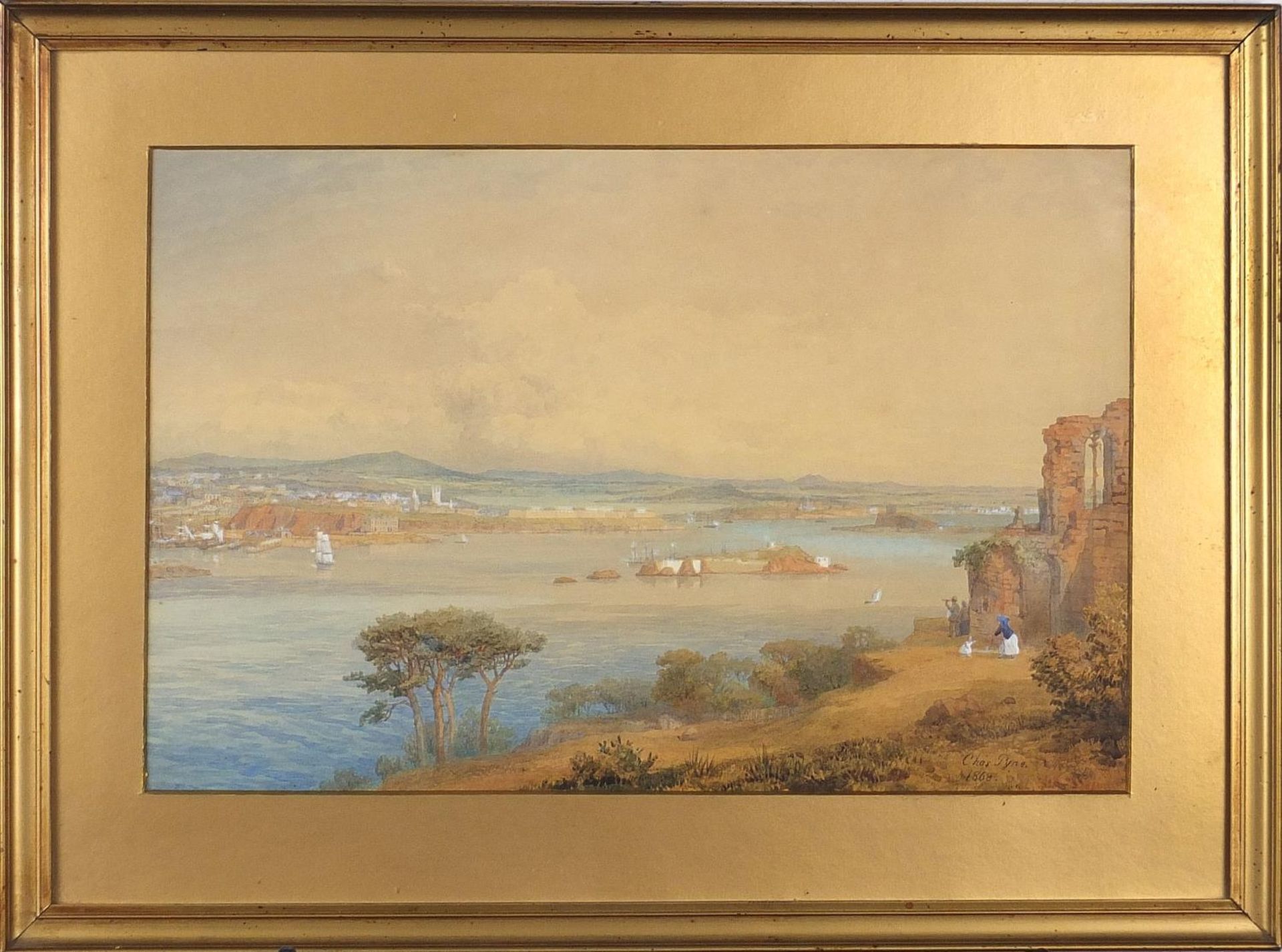 Charles Pyne - Continental coastal scene with ships, 19th century heightened watercolour, John M - Image 2 of 5