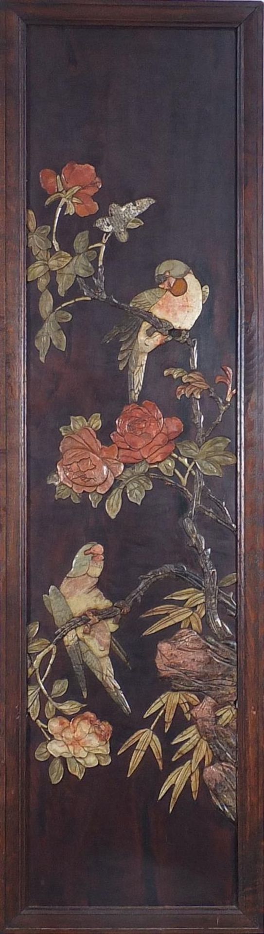 Birds of Paradise amongst flowers and bamboo grove, set of four Chinese hardwood panels with - Image 6 of 13