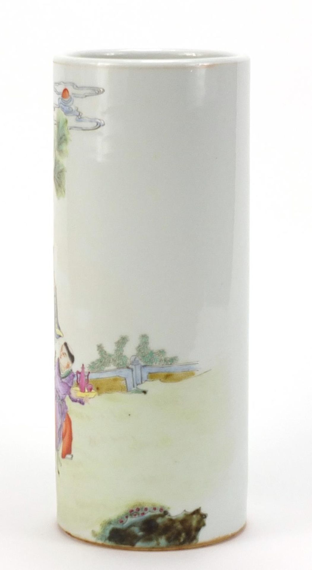 Chinese porcelain cylindrical vase hand painted in the famille rose palette with two figures in a - Image 2 of 7