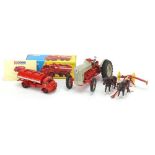 Vintage and later toys comprising painted lead model farmyard horses with plough, Ertl tractor and