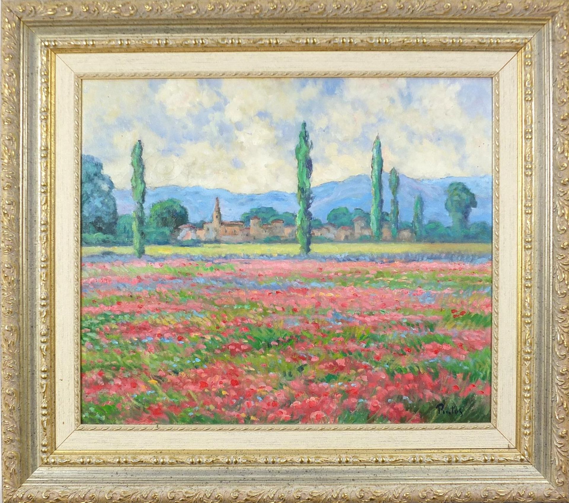 Flowers before buildings and mountains, Barcelona, Spanish Impressionist oil on canvas, indistinctly - Image 2 of 5