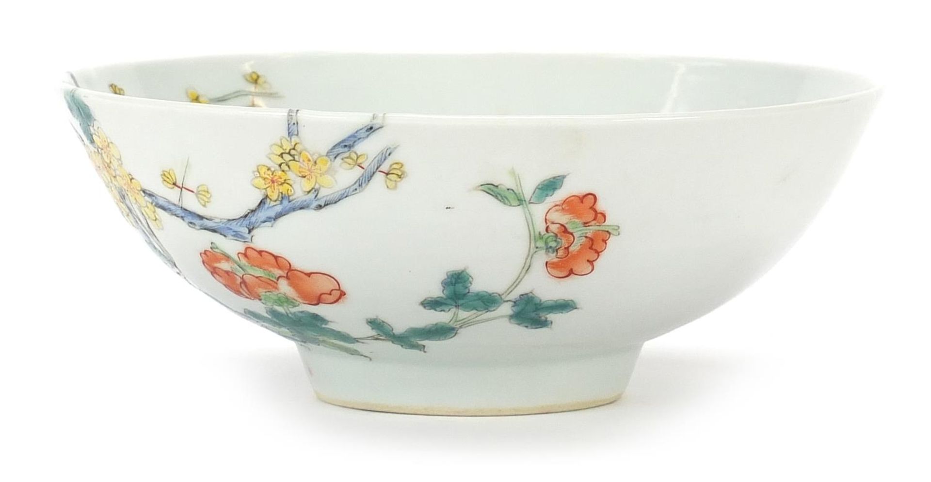 Chinese porcelain bowl hand painted in the famille rose palette with flowers, six figure character - Image 2 of 8