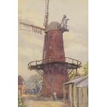 Wilfrid Ball - Figure before a windmill, watercolour, mounted, framed and glazed, 22cm x 15cm