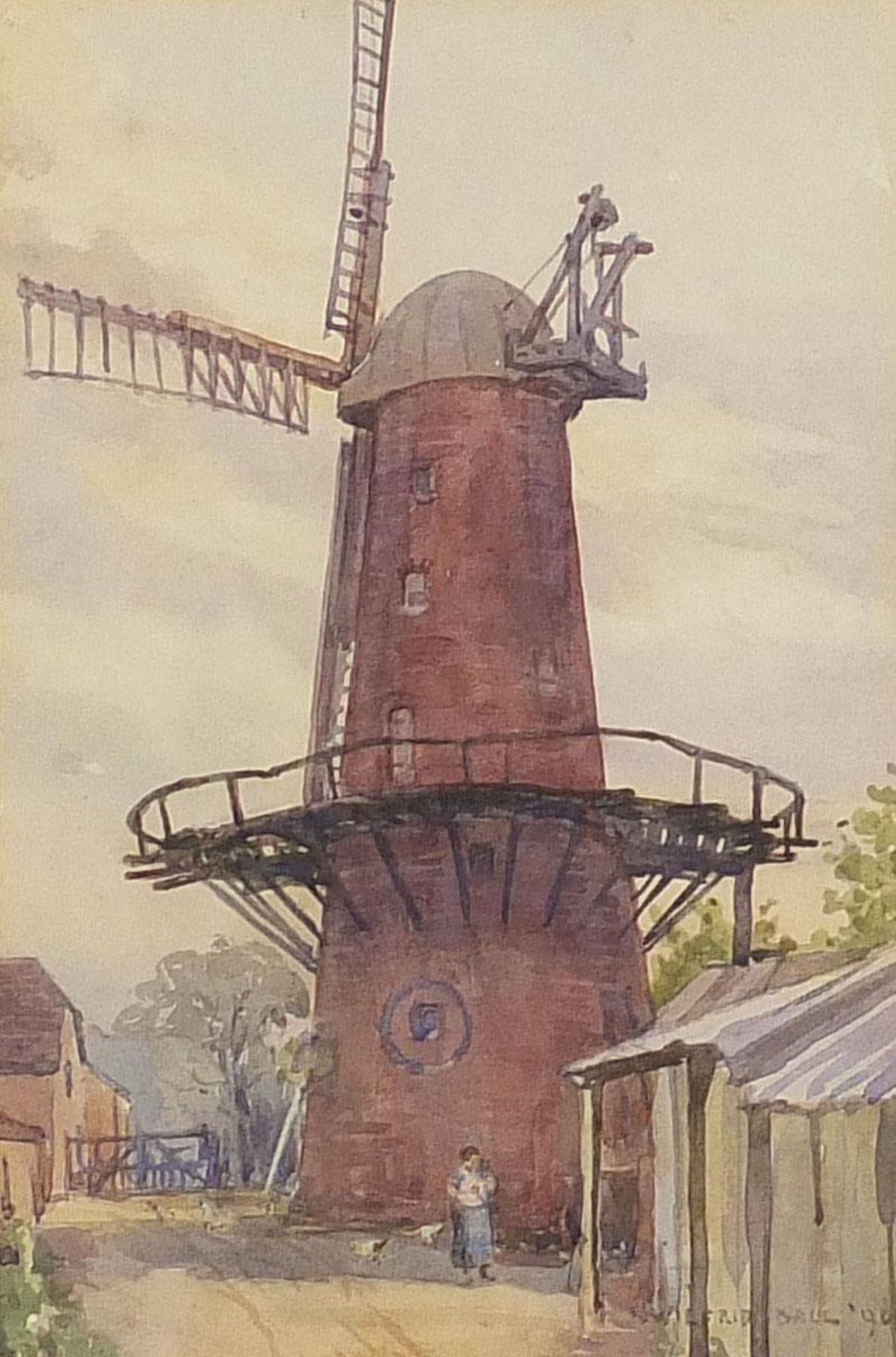 Wilfrid Ball - Figure before a windmill, watercolour, mounted, framed and glazed, 22cm x 15cm