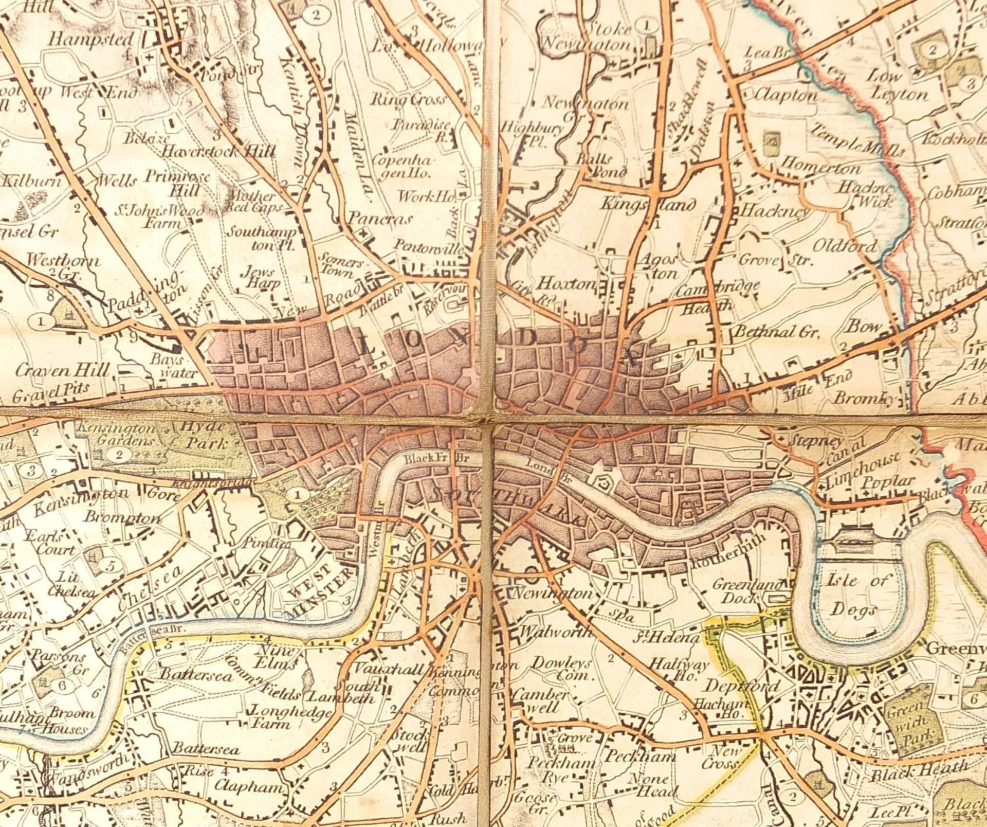 Early 19th century Patterson's Twenty-Four Miles Round London canvas backed folding map with slip - Image 5 of 16