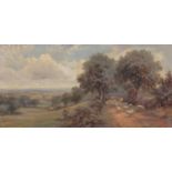 Shepard with flock of sheep on a path, Edwardian oil on canvas, monogrammed MH, mounted and