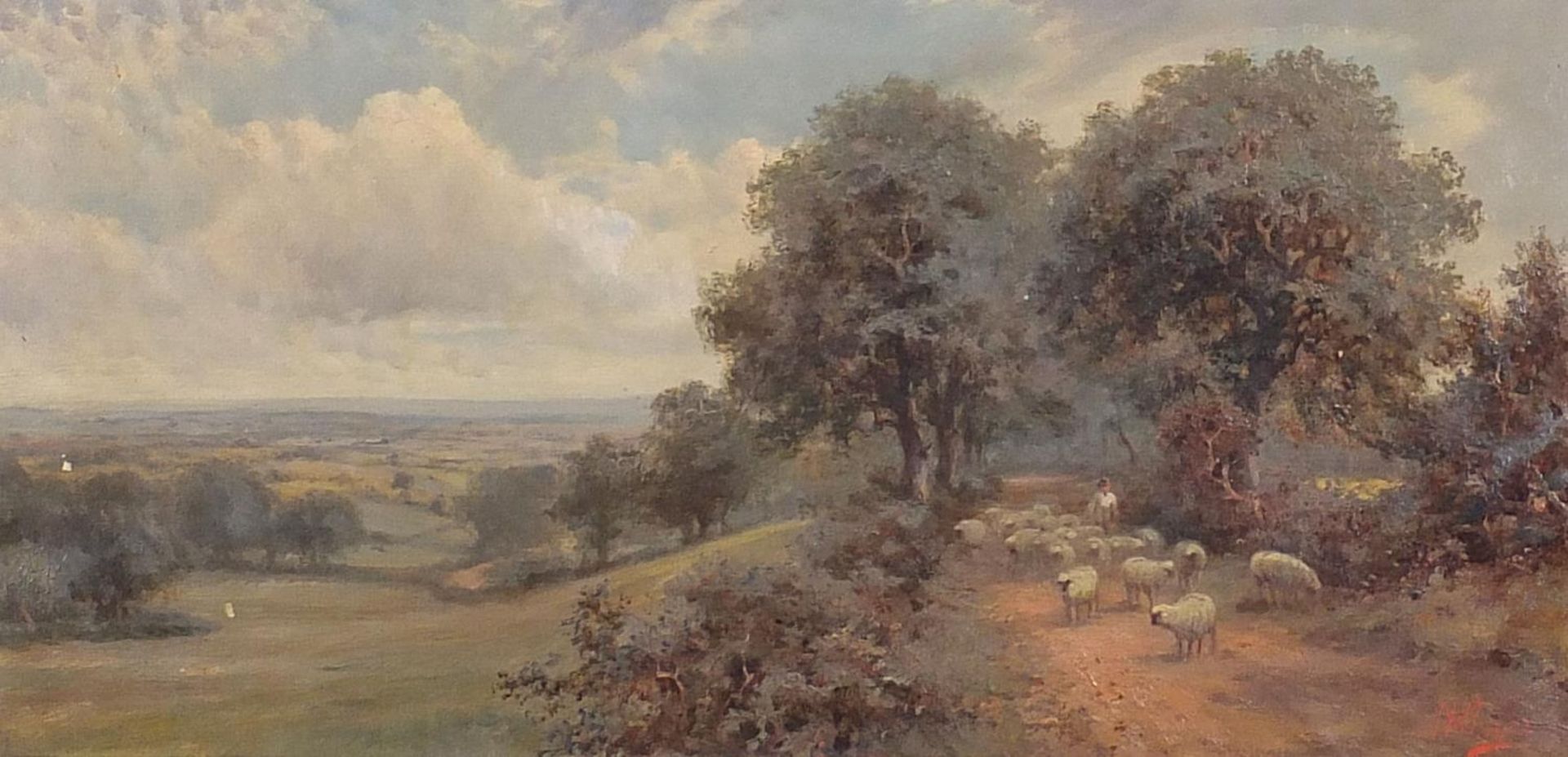 Shepard with flock of sheep on a path, Edwardian oil on canvas, monogrammed MH, mounted and