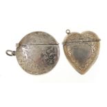 Victorian silver love heart vesta and a circular silver vesta, the largest 4.5cm in diameter,