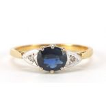 18ct gold sapphire and diamond ring, the sapphire approximately 6.5mm x 5mm, size N, 2.6g : For