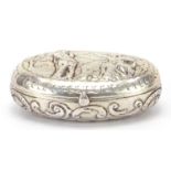 Antique Continental silver snuff box, embossed with figures and gilt interior, impressed marks to