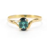 Unmarked gold green/blue stone solitaire ring, (tests as 18ct gold), size N, 0.9g : For Further
