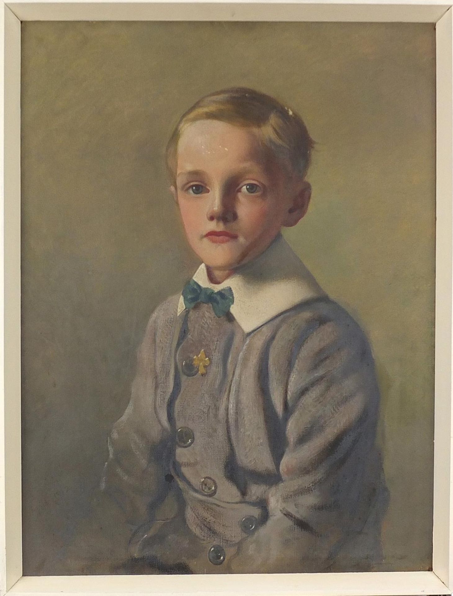 Three quarter length portrait of a young boy, Edwardian oil on canvas, framed, 59.5cm x 44.5cm - Image 2 of 4