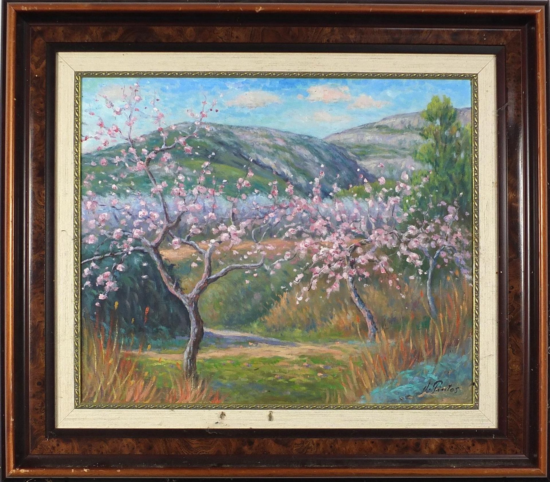 Cherry blossom trees before mountains, Spanish Impressionist oil on canvas, indistinctly signed, - Image 2 of 5