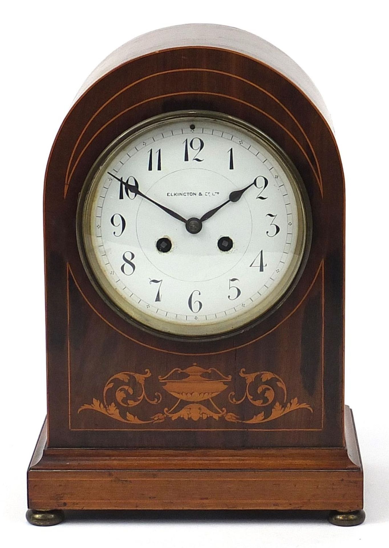 Elkington & Co, Edwardian inlaid mahogany dome top mantle clock striking on a gong with enamel - Image 2 of 10