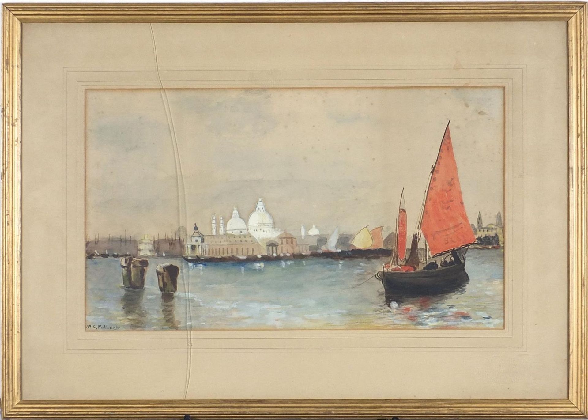 Venetian canal with boats before buildings, watercolour, signed M C Pollock, mounted, framed and - Image 2 of 5