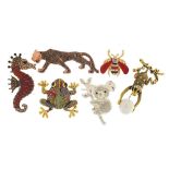 Six jewelled and enamel animal and insect brooches including koala, leopard, seahorse and monkey,