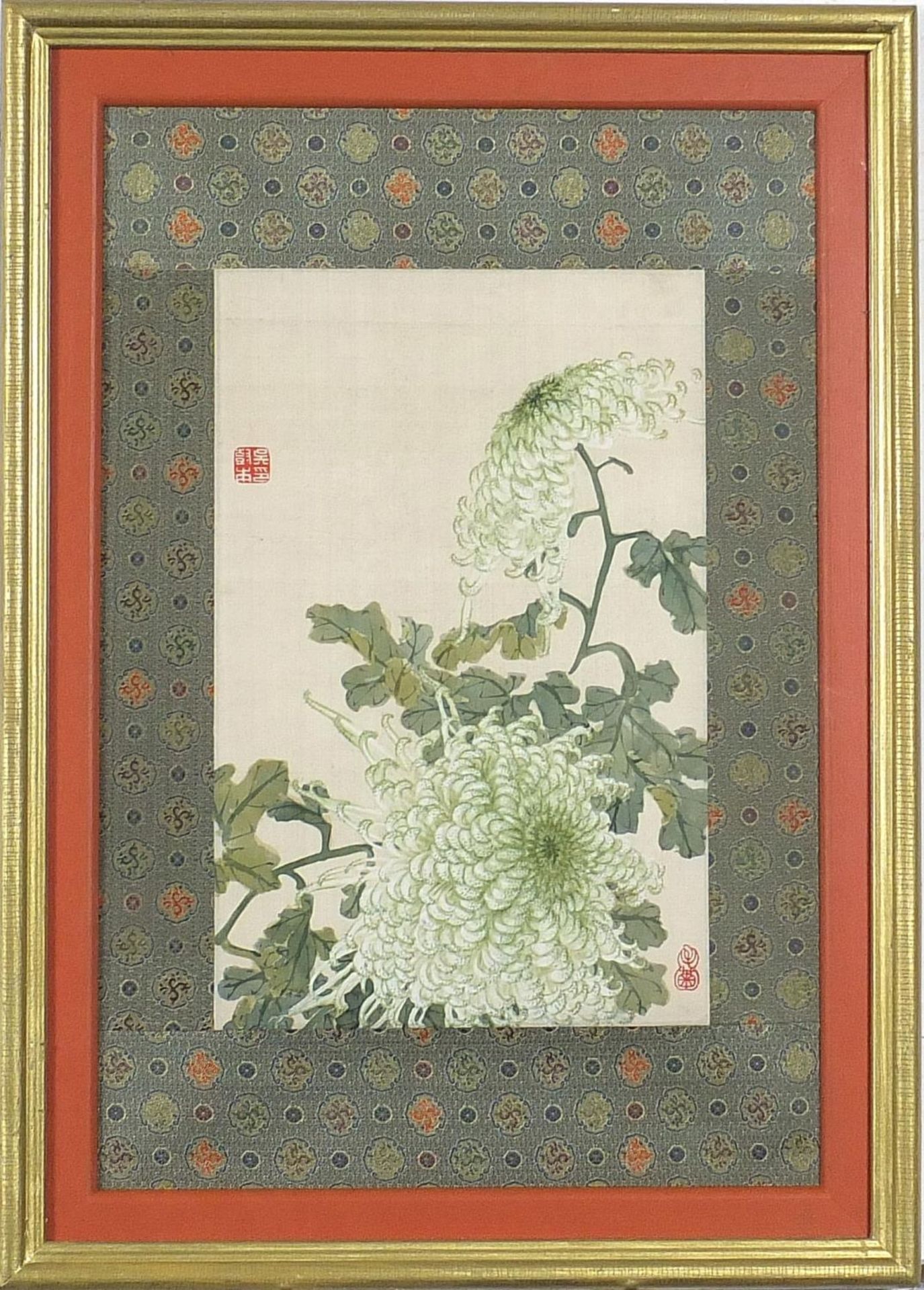 Leaves and flowers, set of three Chinese watercolours on silks, each with red seal marks, mounted, - Image 8 of 15