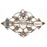 Antique unmarked gold cabochon moonstone and sapphire brooch, 5.5cm wide, 11.4g : For Further