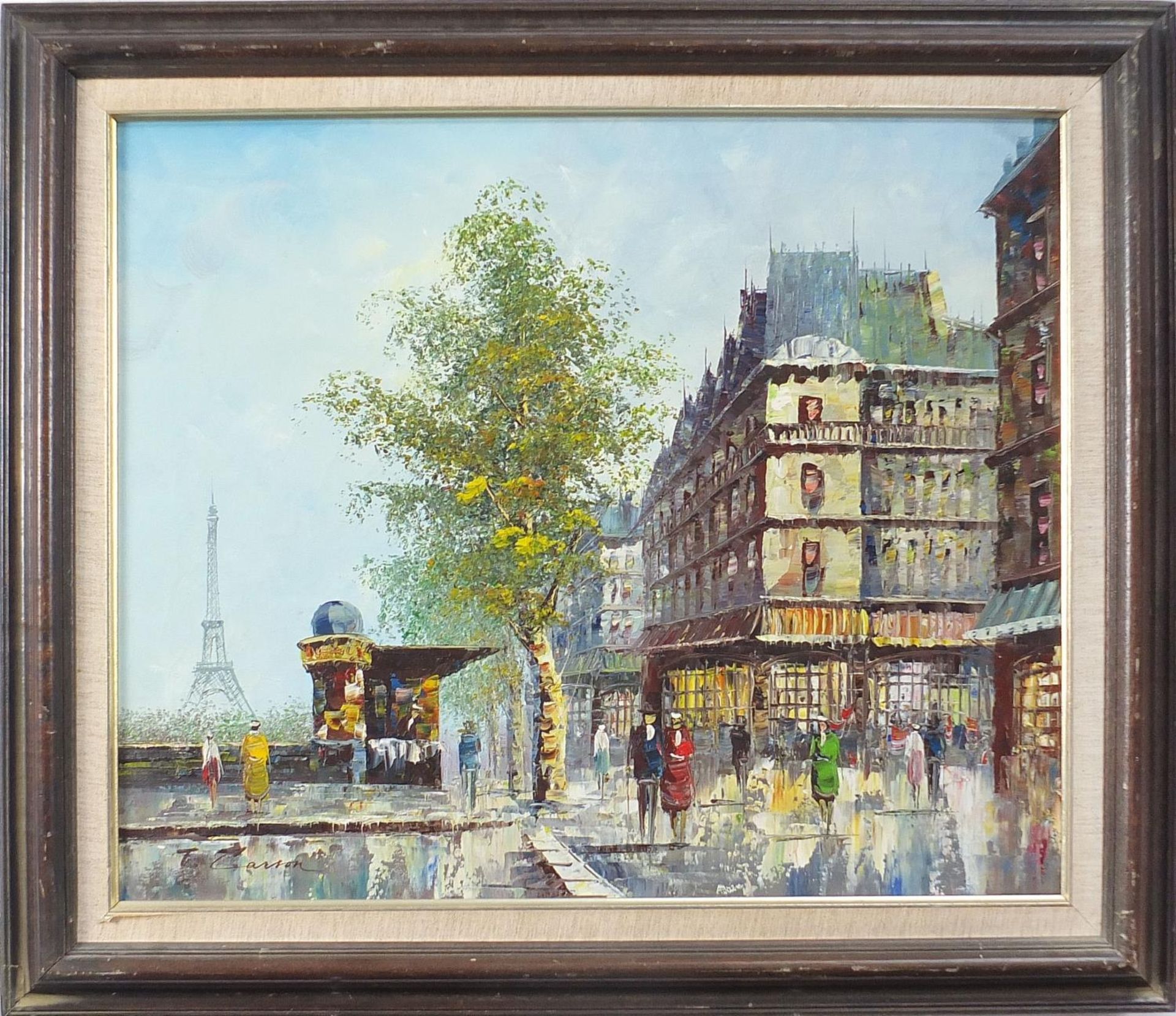 Parisian street scene, Impressionist oil on canvas, bearing an indistinct signature, possibly T - Image 2 of 6