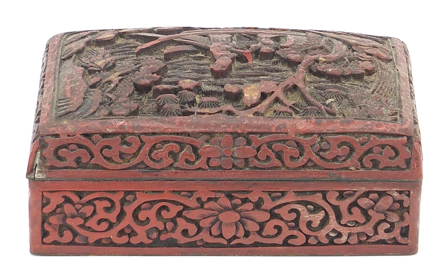 Chinese cinnabar lacquer plate and box with cover, each carved with figures, the largest 21cm in - Image 4 of 10