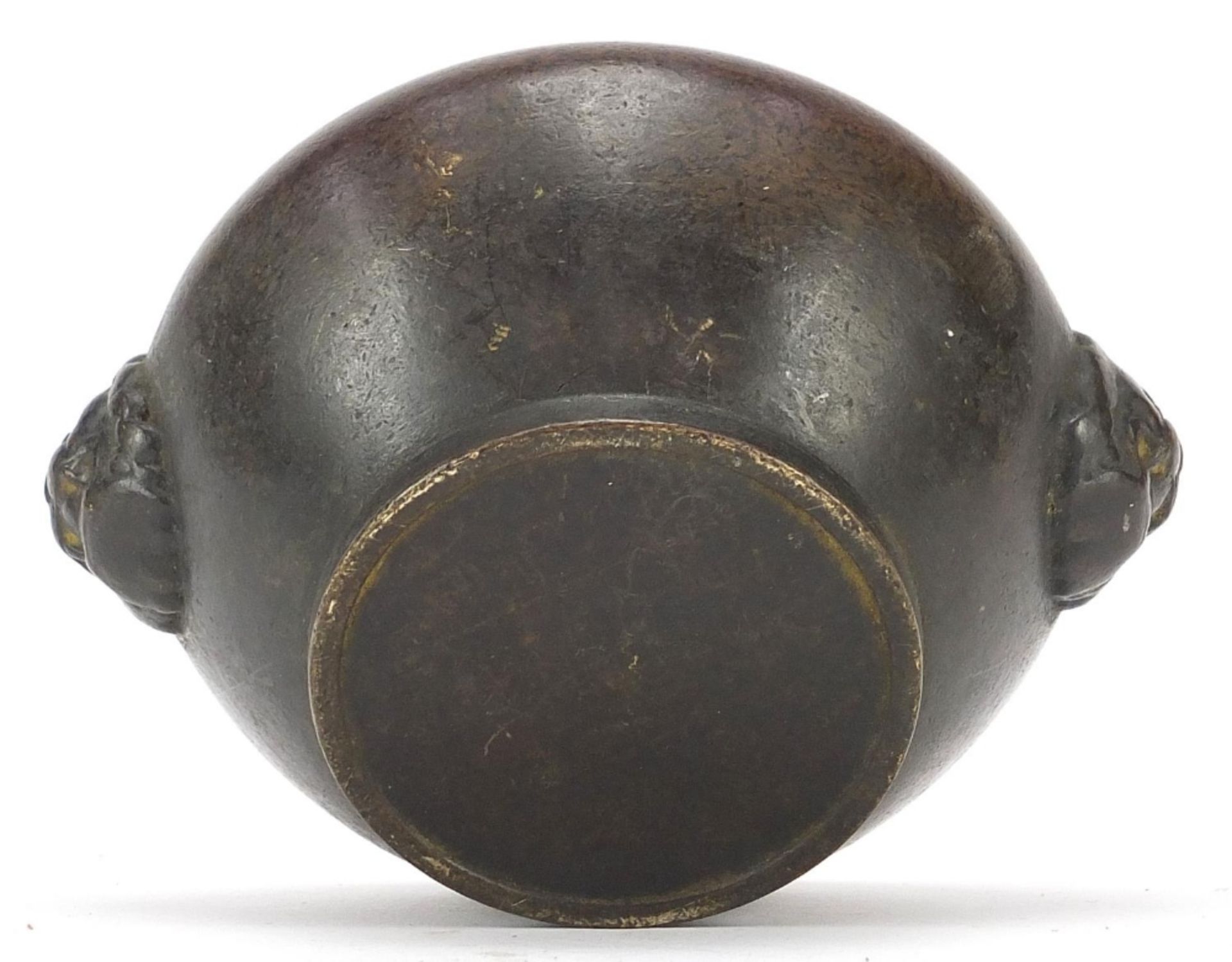 Chinese patinated bronze censer with pierced lid and animalia handles, 12cm wide : For Further - Image 6 of 6