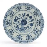 Chinese blue and white porcelain dish hand painted with flowers, 28cm in diameter : For Further