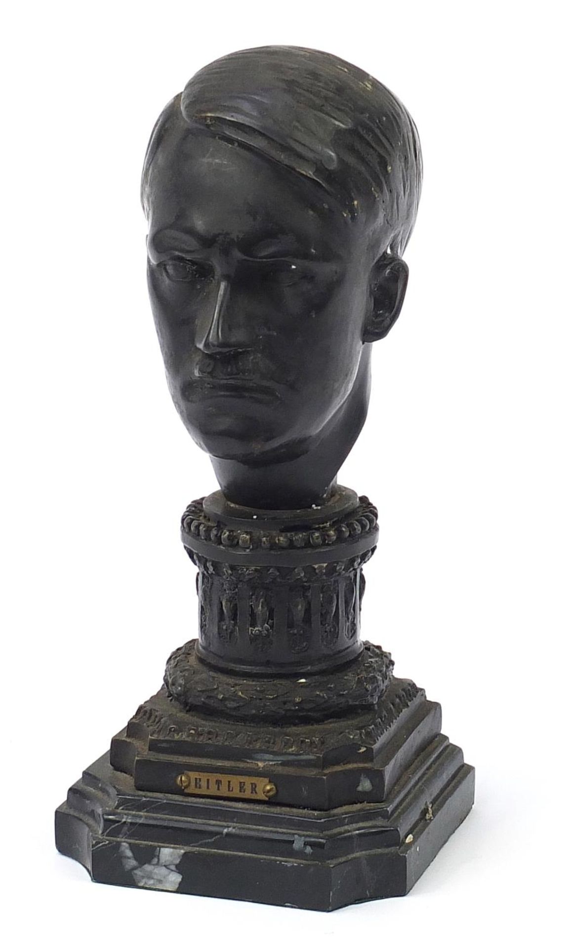 Military interest patinated bronze bust of Adolf Hitler raised on a stepped marble base, 30cm high :