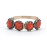 Antique unmarked gold coral four stone ring, size N, 1.3g : For Further Condition Reports Please
