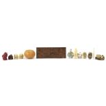 Chinese objects including a carved sandalwood panel, bone snuff bottles, soapstone brush washer,