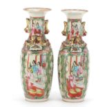 Pair of Chinese Canton porcelain vases with animalia handles, each hand painted in the famille