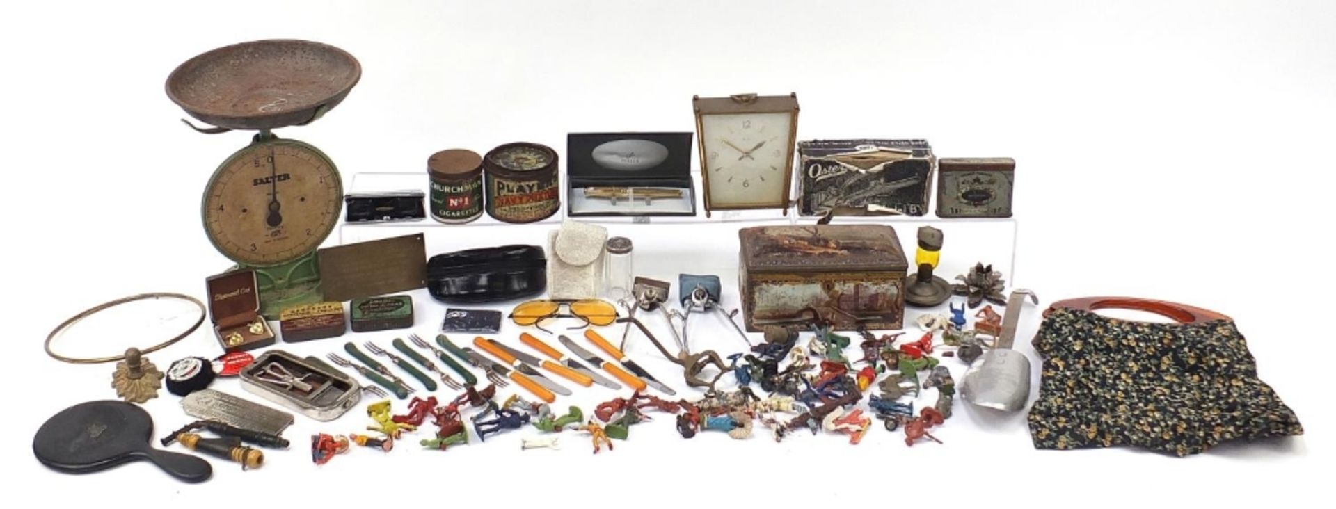 Antique and later objects including vintage advertising tins, Salter scales, opera glasses and brass