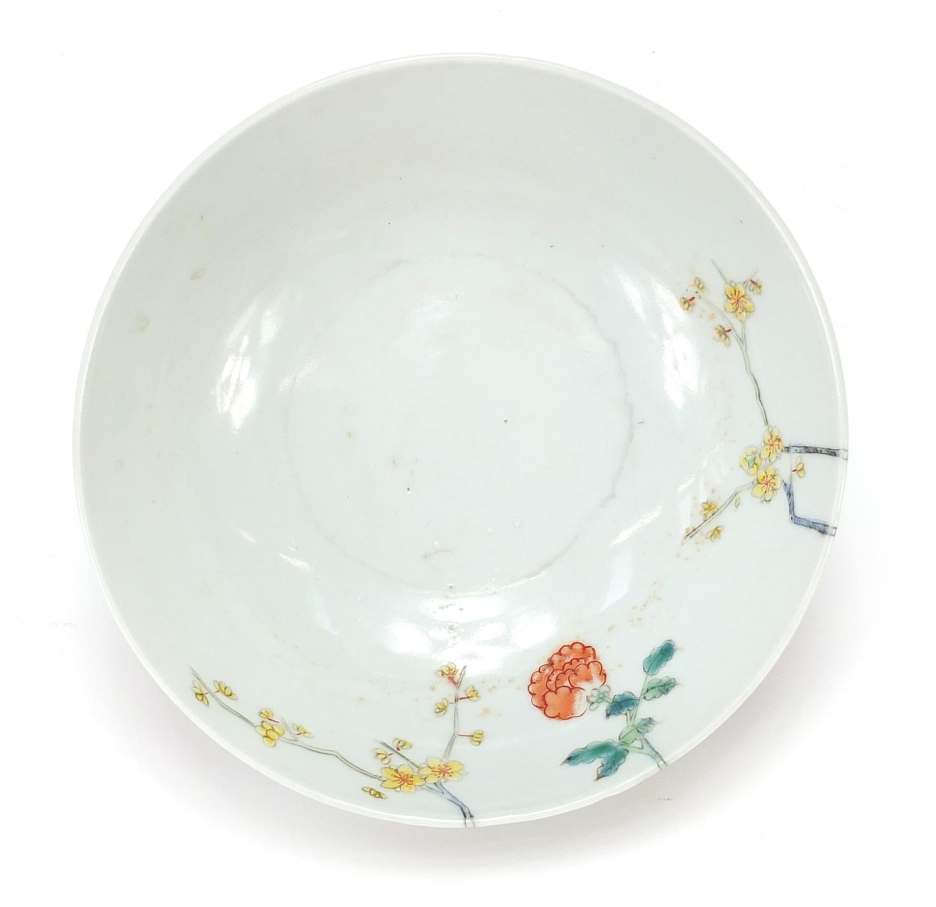 Chinese porcelain bowl hand painted in the famille rose palette with flowers, six figure character - Image 5 of 8