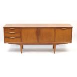 1970's teak sideboard with three drawers, two cupboard doors and a drop down door, 74.5cm H x