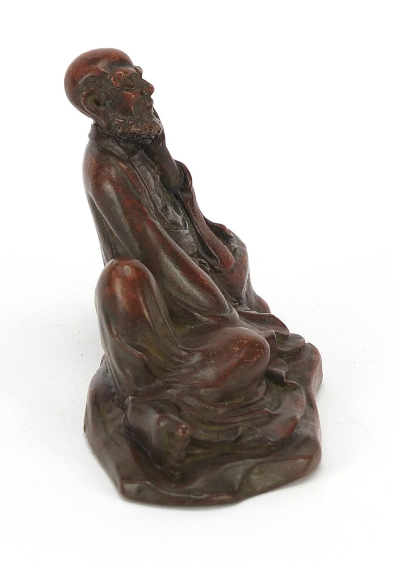 Japanese patinated bronze figure of an immortal, character marks to the base, 8cm wide : For Further - Image 3 of 8