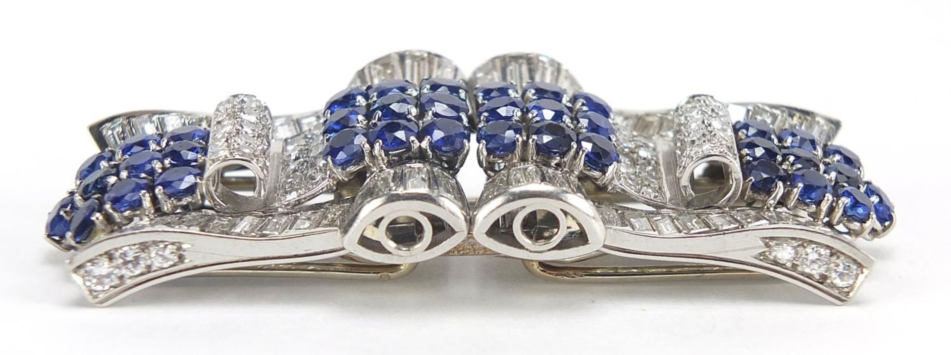 Good Art Deco diamond and sapphire three piece scarf clip brooch, A & M maker's mark, 6cm wide, 32. - Image 5 of 21