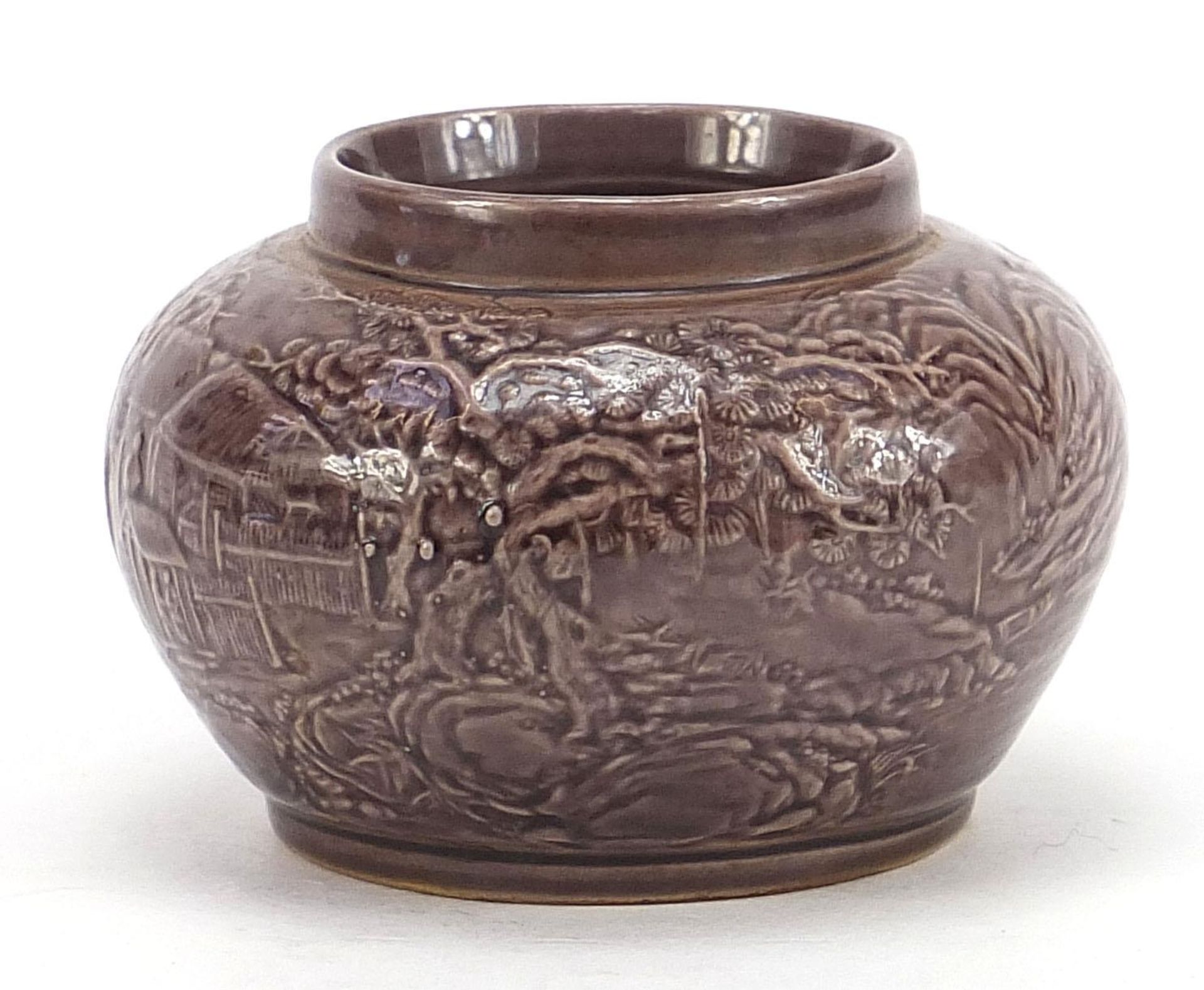 Chinese porcelain vase having a purple glaze decorated in low relief with a continuous landscape, - Image 4 of 16
