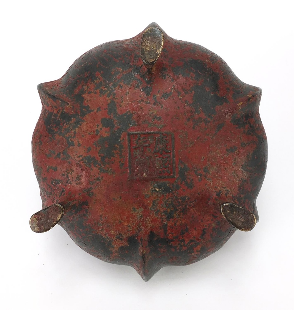 Chinese bronze tripod censer with twin handles, four figure character marks to the base, 16.5cm wide - Image 6 of 7