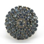Antique gold coloured metal and sapphire six tier cluster ring, stamped 14K, size M, 9.0g : For