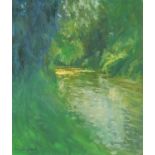 John Osborne - River landscape, Impressionist oil on board, mounted and framed, 34.5cm x 29.5cm