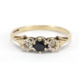 9ct gold sapphire and diamond three stone ring, size N, 1.6g : For Further Condition Reports