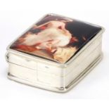 Rectangular sterling silver pill box, the hinged lid enamelled with a semi nude female, 3.2cm