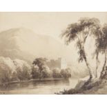 James Poole - River landscape before mountains, 19th century sepia watercolour, mounted, framed