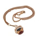 Victorian 9ct gold watch chain with bloodstone, onyx and carnelian spinner fob, 46cm in length,