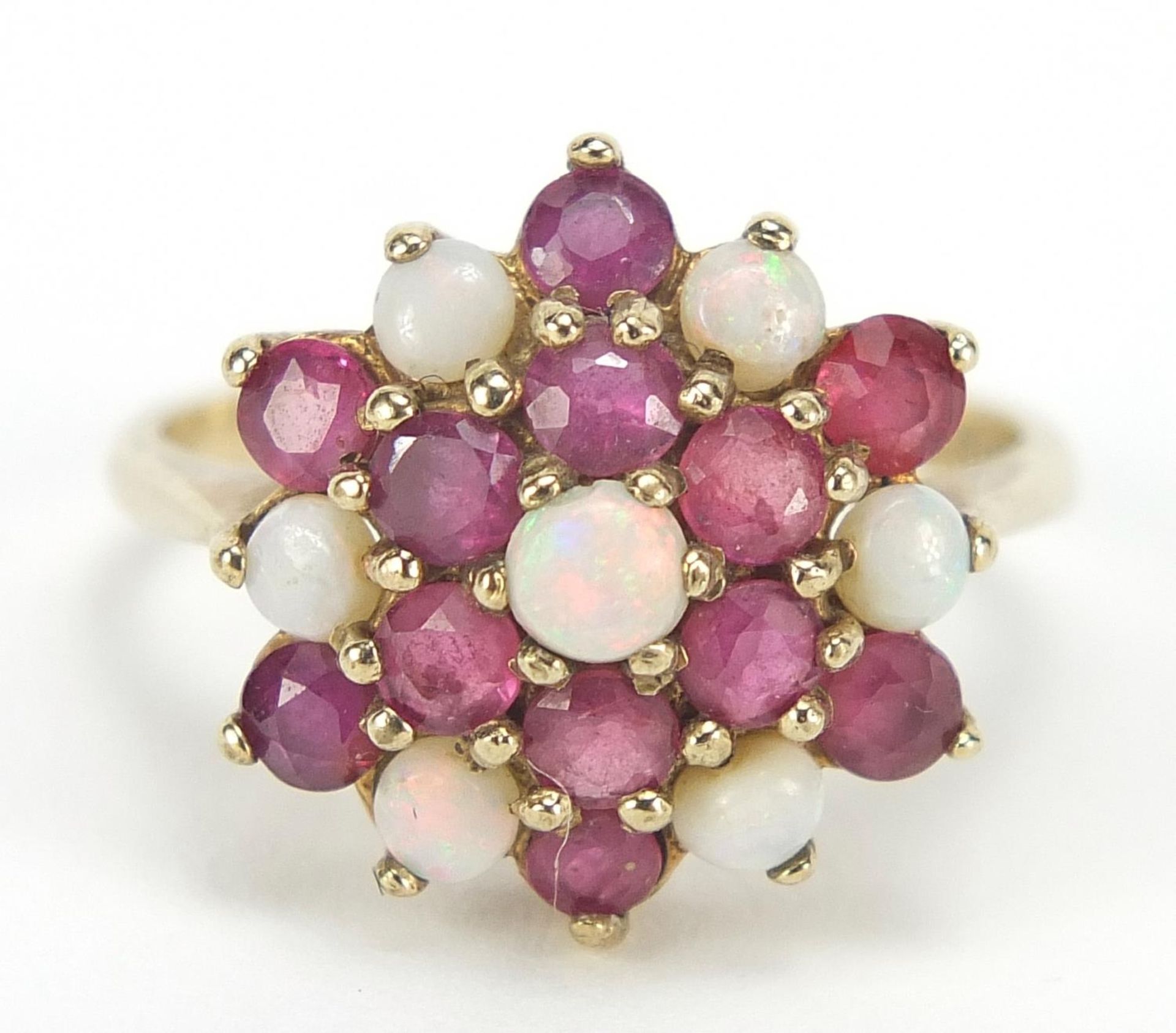 9ct gold opal and ruby three tier cluster ring, size O, 3.6g : For Further Condition Reports