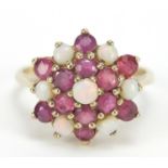 9ct gold opal and ruby three tier cluster ring, size O, 3.6g : For Further Condition Reports