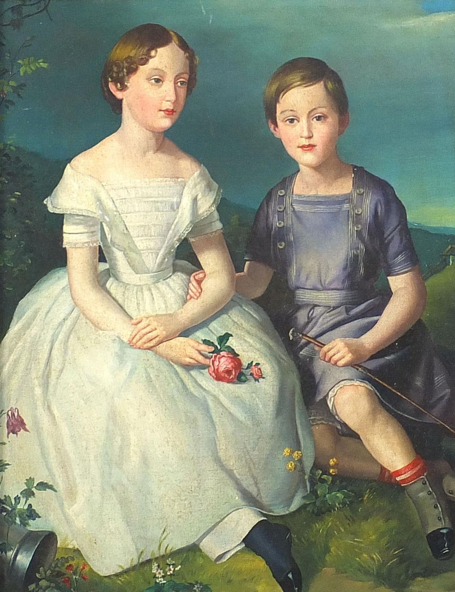Full length portrait of two children, Georgian school oil on board, mounted and framed, 49.5cm x